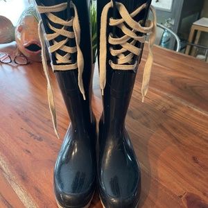 See By Chloe Black Rain Boots with Cream Laces